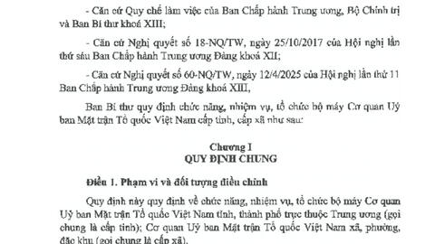 Quy định chức năng, nhiệm vụ, tổ chức bộ máy Cơ quan Ủy ban Mặt trận Tổ quốc Việt Nam cấp tỉnh, cấp xã