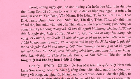Thư ngỏ vận động ủng hộ Nhân dân bị thiệt hại do các cơn bão gây ra trên địa bàn tỉnh Lạng Sơn