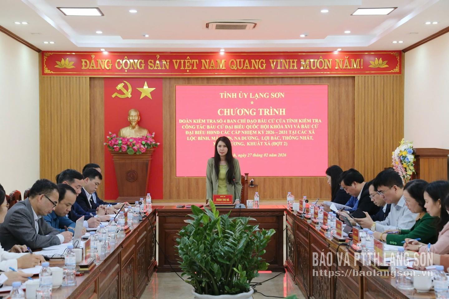 Đồng Chí Đoàn Thu Hà, Phó Bí thư Tỉnh uỷ, Chủ tịch Ủy ban MTTQ Việt Nam tỉnh, Phó Trưởng Ban Chỉ đạo bầu cử tỉnh phát biểu chỉ đạo tại buổi kiểm tra